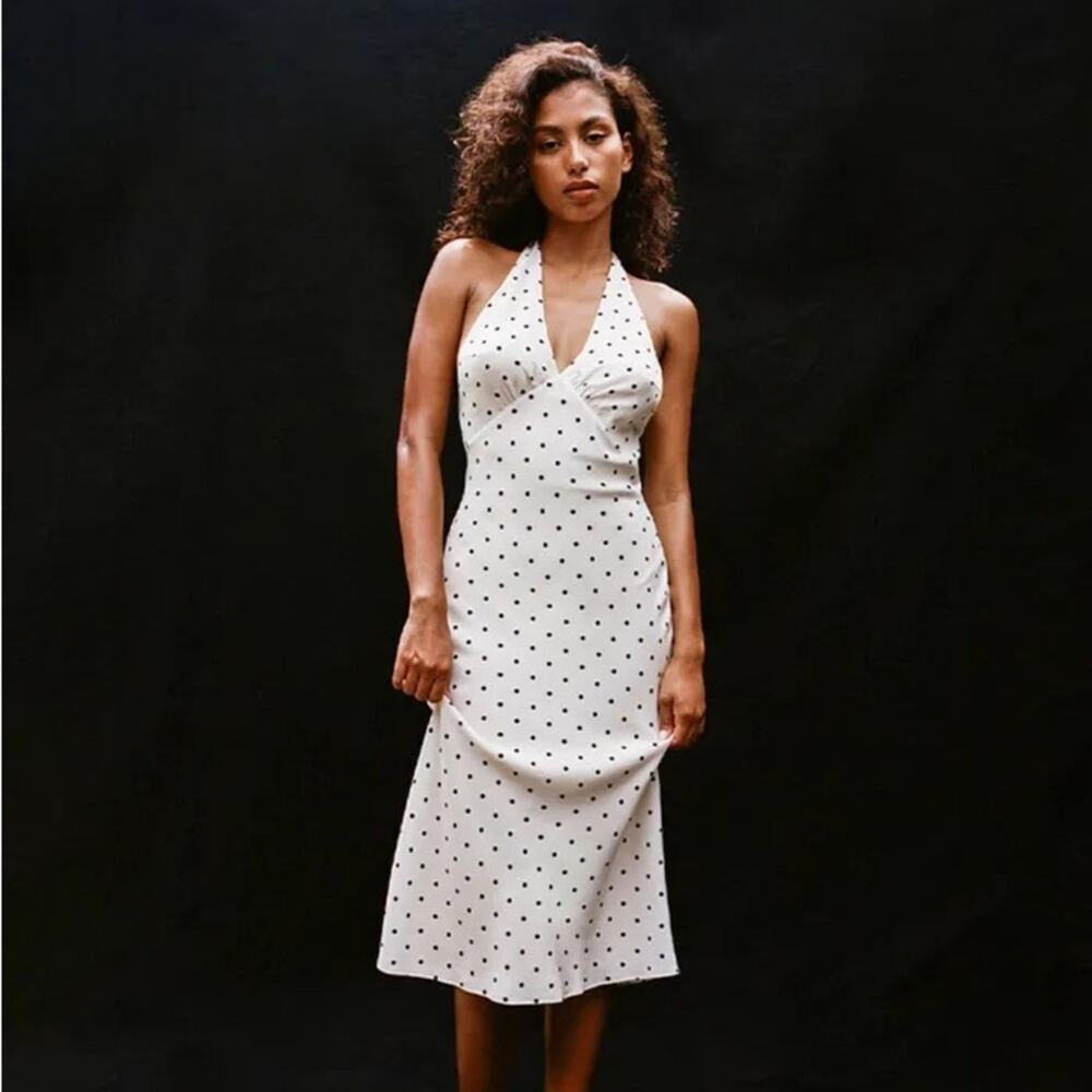 Realisation Sadie Silk Halter V Neck Midi Slip Dress Petite Spot Polka Dot White - Picture 2 of 16